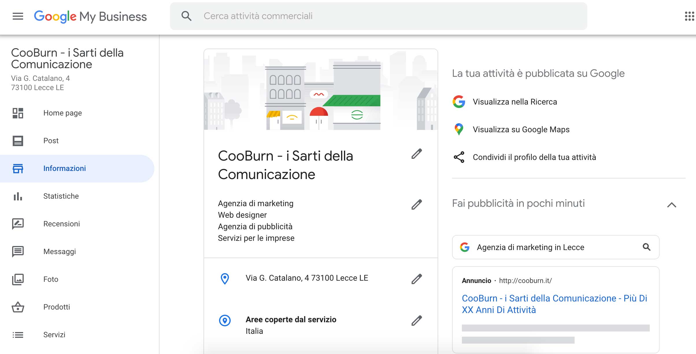 Google My Business - Esempio interfaccia utente